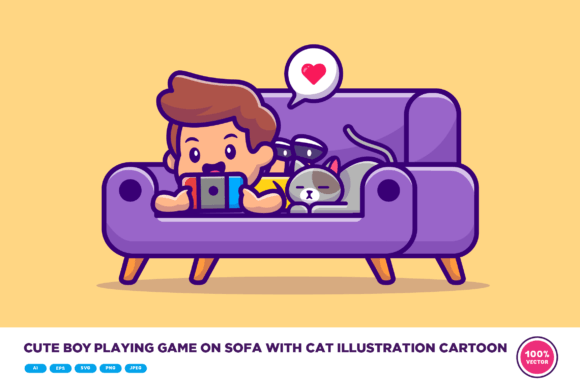 Cute Boy Playing Game on Sofa with Cat Graphics and Illustrations